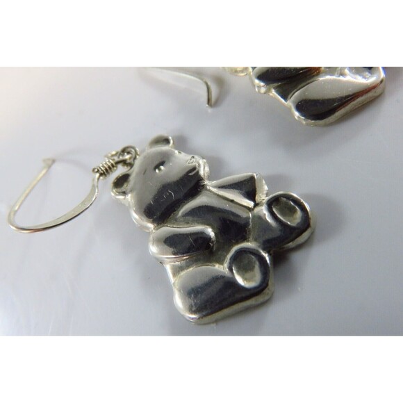 Adorable Pressed Sterling Bear Dangle Earrings Ear WIre 1 3/8" Drop - Picture 5 of 8